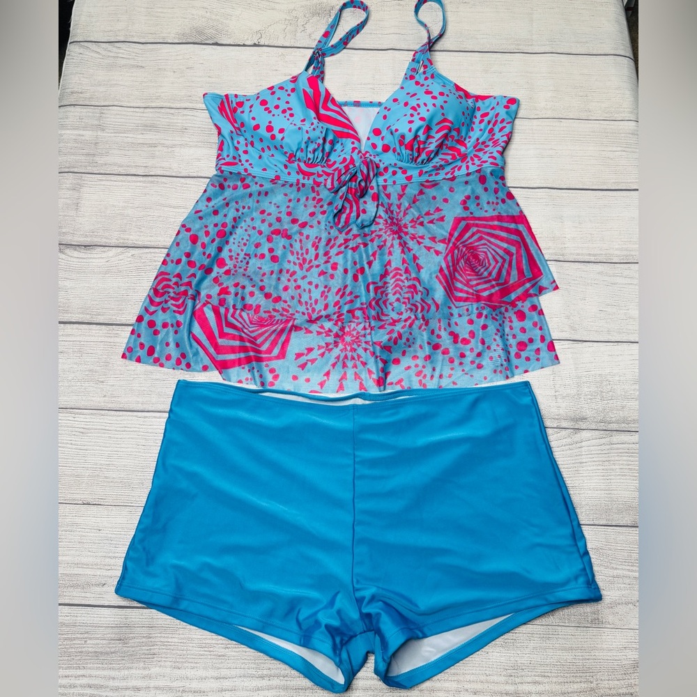 Rosegal Geo Bow Knot Adjustable Strap Tankini Swimsuit Turquoise Pink Size‎ 2X